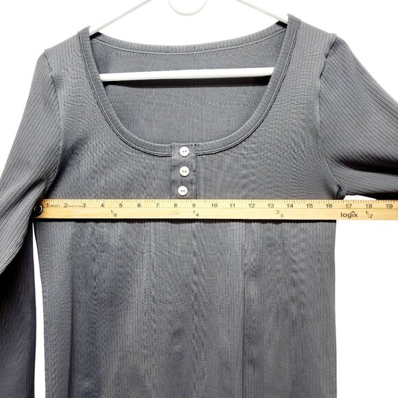 Womens Gray Ribbed Long-Sleeve Henley Top By OQQ Nylon Spandex Blend Size L - Picture 8 of 9